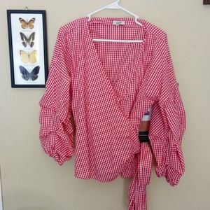Red and white checked wrap top